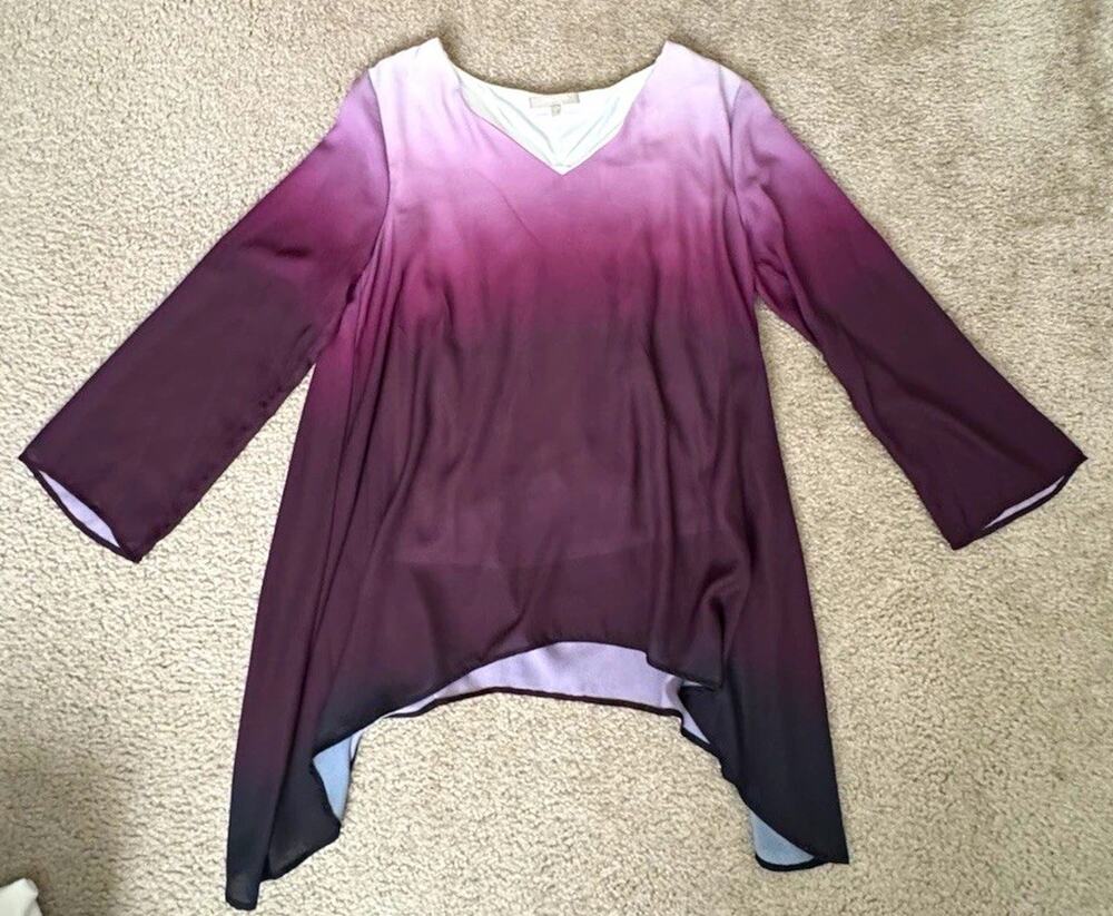 Joan Vass New York Womens M Ombre Tunic Top Purple Black Sharkbite Hem Boho